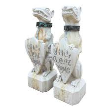 Vintage English Statues Garden Figures Gargoyles Brass Collars Cast Stone Pair | Chairish