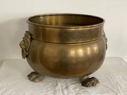 Antique Vienna Brass Rounded Jardinière Plant Pot with Lions Head Handles at 1stDibs | antique brass plant pot, vintage brass flower pot, antique brass pot