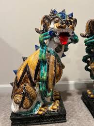 Large Scale Pair of Antique Majolica Ceramic Glazed Guardian Lions or Foo Dogs at 1stDibs