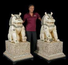 Sold at Auction: MALE AND FEMALE FOO DOG STATUES CARVED BONE TILE PALACE SIZED