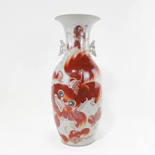 Chinese Red Foo Dog Vase With Pierced Handles | Chairish