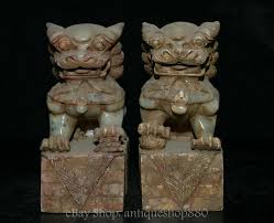 7.8'' Old Chinese Xiu Jade Carving Foo Fu Dog Guardion Lion Animal Statue Pair | eBay