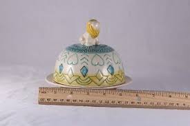 Vintage Lion Topped Domed-Lid Round Butter Dish Keeper Ceramic Blue/Yellow/Cream | eBay