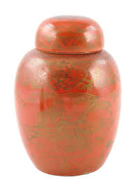 Lot - ASIAN: Three pieces of Chinese porcelain, Qing Dynasty or later including a ginger jar with lid, iron red glaze with gilt figural de...