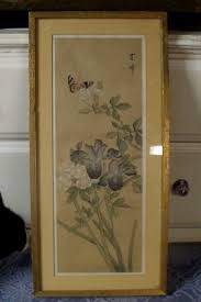 ANTIQUE SIGNED 11" BY 23" JAPANESE SILK PAINTING ~ IRISES ...