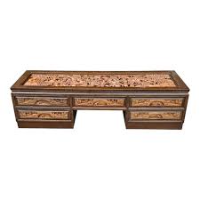 South East Asian Hand-Carved Five-Drawer Coffee Table With Glass Top Inset | Chairish