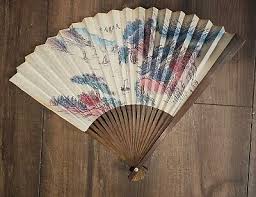 Vtg Wooden Paper Hand Fan Fold Up Hand Painted Japan Art Staining READ Decor | eBay