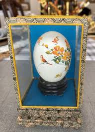 Vintage Chinese Art Painted Egg In Glass Case Bird & Flowers ...