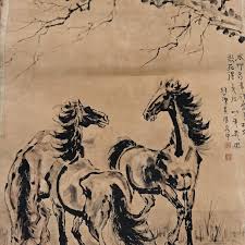 Old Chinese Painting Scroll Hand Painted“Xu Beihong Three ...