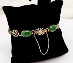 VINTAGE CHINESE 14K GOLD CHARACTER & JADE CABOCHON BRACELET ...