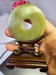 Antique Vtg Archaic Jade Carved Bi Disc w/ Wood Stand ...