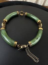 Vintage Green Jade Bangle Bracelet With Gold-tone End Caps ...