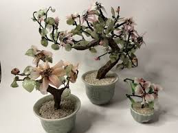 Set Of 3 Jade Green Colored Glass Bonsai Trees Pink Cherry Blossoms Vintage | eBay UK