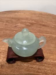 Vintage Hand Carved Natural Translucent Green Jadeite Tea Pot with Wood Stand | eBay
