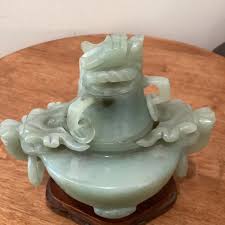 Antique Chinese Natural Jade Hand Carved Tripod Incense Burner With Wooden Base | Chairish