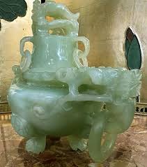 Lot - Beautiful Green Jade Censer with Dragons, Cover, and Wooden Stand