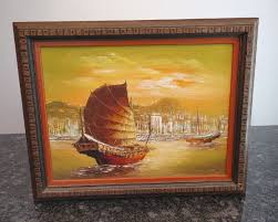 L. LAM Junk Boat harbor scene Oil on Canvas | eBay