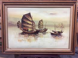 Sold at Auction: Large Asian Oil Painting of Boats signed P. Wong in frame - nice piece fair cond