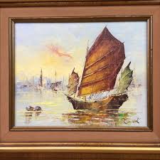 Vtg Chinese Junk Boat Sailing Ship Oil Painting Signed by Kwok Framed & Matted | eBay