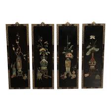 Vintage Chinese Lacquered Carved Soapstone Panels - Set of 4 | Chairish