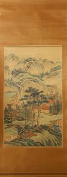 Lot - CHINESE SCHOOL (MID 19TH CENTURY) LANDSCAPE Ink and color on silk mounted on silk hanging scroll: 45 x 27 in.