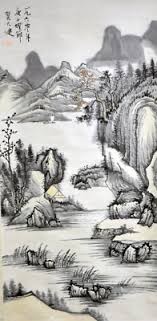 Vintage Chinese Watercolor Landscape Wall Hanging Scroll ...