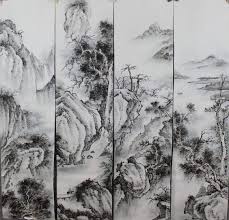 Black and White Ink Mountains Art, Set of 4, Chinese Ink ...