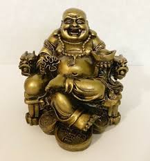 Happy Buddha Statue Sitting on Fu Dog Design made with Resin in ancient Brontz C | eBay