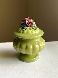 Vintage Hand-painted Ceramic Lidded Jar - Green With Floral ...