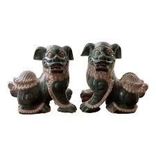 Pair of Monumental Antique Chinese Porcelain Foo Dog Statues – Emerald Green Glaze | Chairish