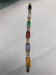 14k Yellow Gold Multi Color Jade Ladies Bracelet 7.25 inches ...