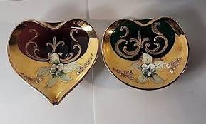 Bohemian Czech Glass Trinket Dish Amber & Purple Gold Enamel ...