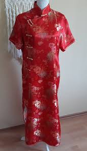 Vintage 80s Red Chinesse Long Dress Gold Flowers Print Slits ...