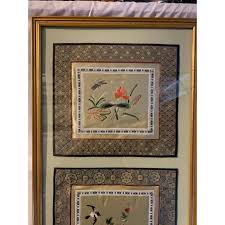 Mid Century Chinese Silk Embroidered Panels, Matted & Framed | Chairish