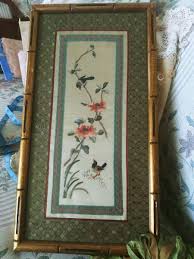 Oriental Needlework Embroidered Panel on Silk Floral & Bird Design Framed. | eBay