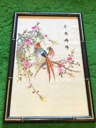 Vtg MCM Japanese Hand Embroidered Silk Birds Tapestry Parrot ...