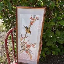 Vintage Asian Straw Art: Bird & Flowers in Bamboo Frame - Etsy