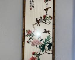 2 Chinese Silk Embroidery Panel Bird Calligraphy Textile ...