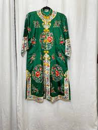 60s Lily emerald green floral embroidered kimono size:M