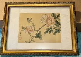 vintage Chinese watercolor on silk framed with red seal mark ...