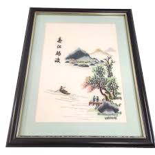 Asian Water Mountain Scene Embroidery on Silk Japanese Chinese Framed Vtg | eBay