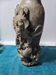 Antique Hand Carved Chinese Soapstone Tall Vase Birds Flowers Excellent Cond | eBay