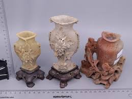 Lot - THREE CHINESE HAND CARVED SOAP STONE VASES, NOTE SOME FLORAL LOSSES