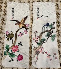 2 Antique Chinese Hand Embroidery Silk Panel Wall Hanging 38 ...