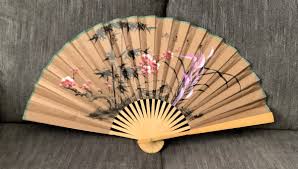 Vintage Mid-20th Century Asian Hand Painted Folding Large Wall Fan For Sale at 1stDibs | big japanese fan for wall, large japanese fan wall decor, large oriental fan wall decor