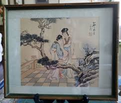 ANTIQUE CHINESE WATERCOLOR ON SILK FRAMED & MATTED UNDER ...