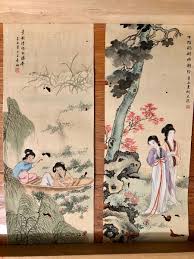 2 Antique Chinese Paintings on silk and paper 13x4.5 Inches ...