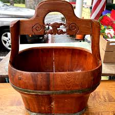 Unusual Vintage Hand Carved Wooden Bucket w/ Metal Hoops and Carved Wood Handle | eBay