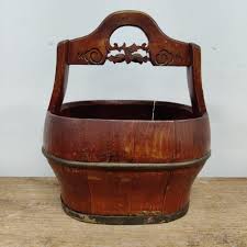 Vintage Chinese Wooden Bucket with Carved Handle 18"Hx16"x12" - Sunnyside Trading Co.