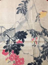 Chinese Old Antique Hand painting scroll Flower on Rice ...